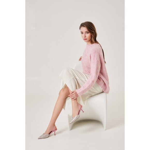 Women's Kitten Rhinestone Pointed Toe Pumps Slingback Pink Heels Dress Shoes - Picture 4 of 7